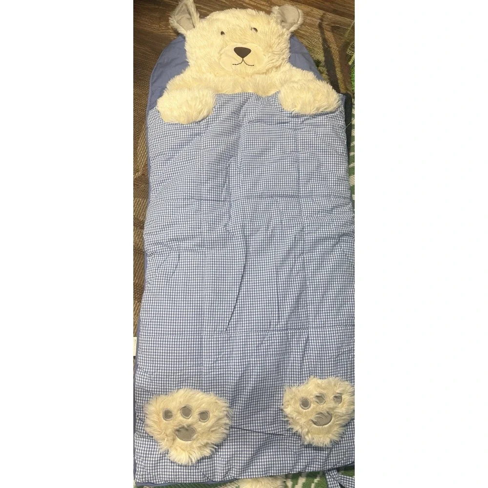 Pottery Barn Bear Gingham Blue Shaggy Head White Dog Plush Sleeping Bag Kids